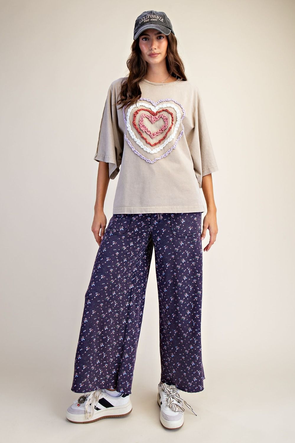 Easel Ruffle Heart Terry Knit Top in Sage Grey