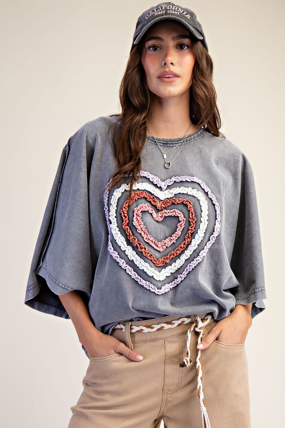 Easel Ruffle Heart Terry Knit Top in Smoke