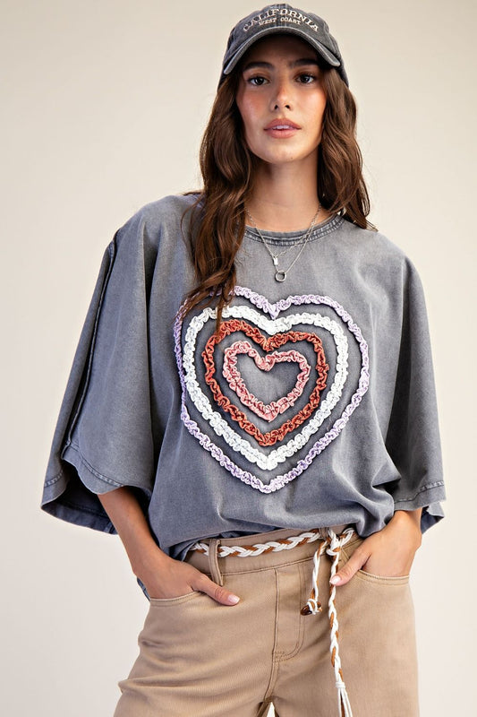 Easel Ruffle Heart Terry Knit Top in Smoke