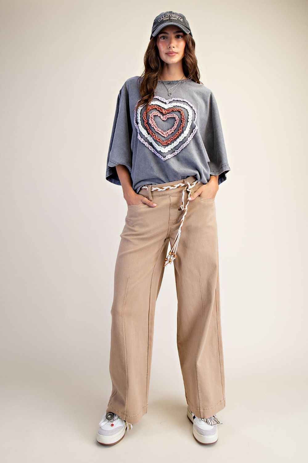 Easel Ruffle Heart Terry Knit Top in Smoke