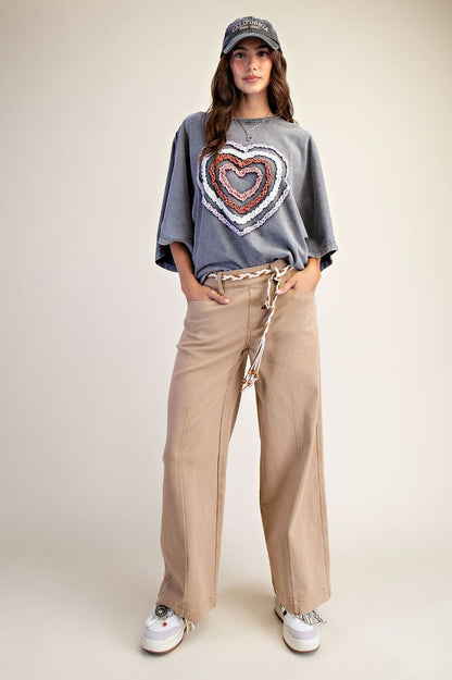 Easel Ruffle Heart Terry Knit Top in Smoke