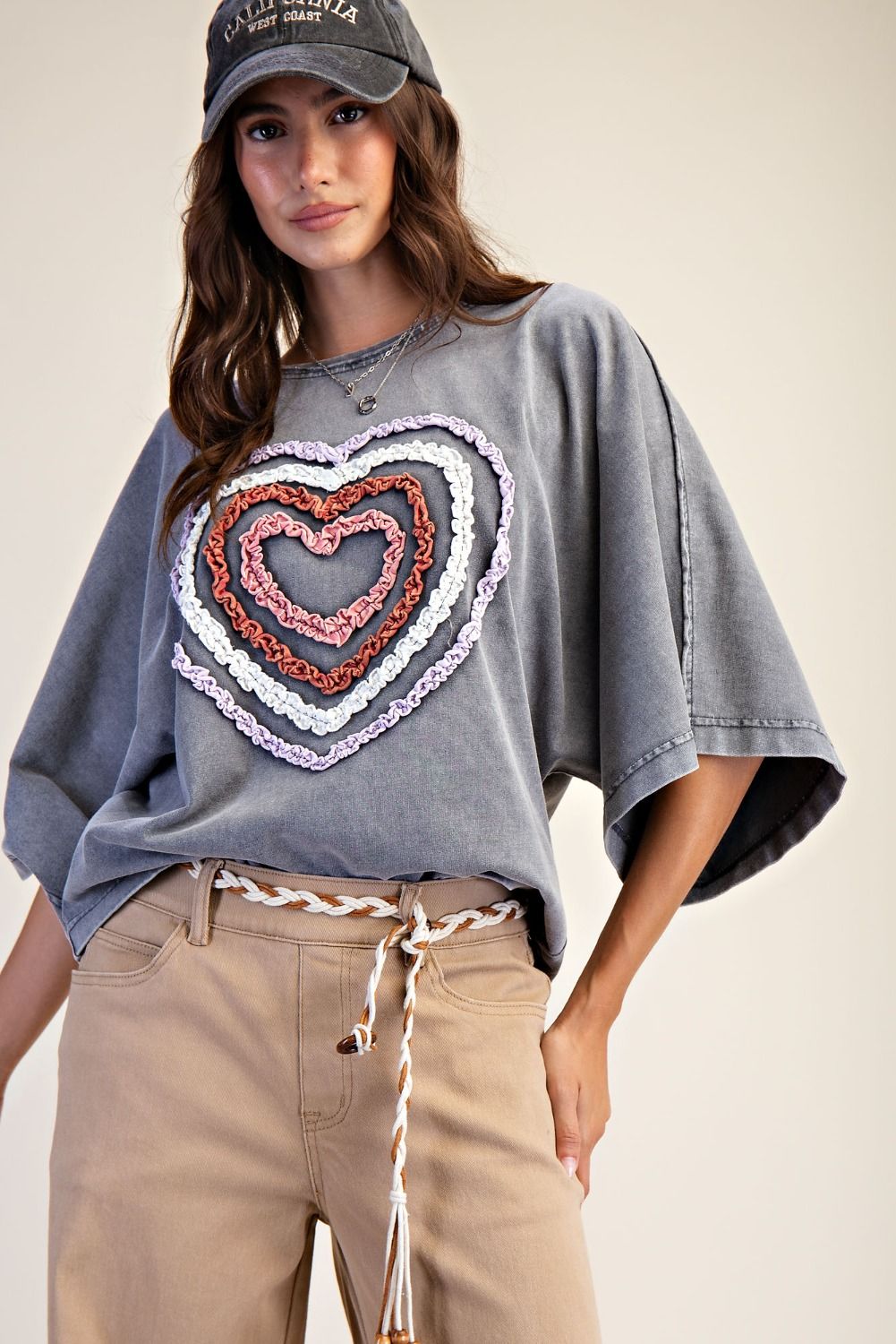 Easel Ruffle Heart Terry Knit Top in Smoke