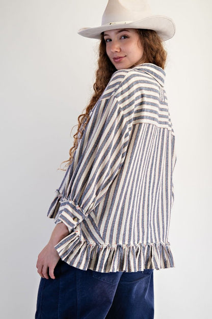 Easel Striped Linen Top in Denim