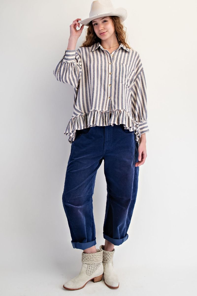 Easel Striped Linen Top in Denim