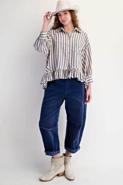 Easel Striped Linen Top in Denim