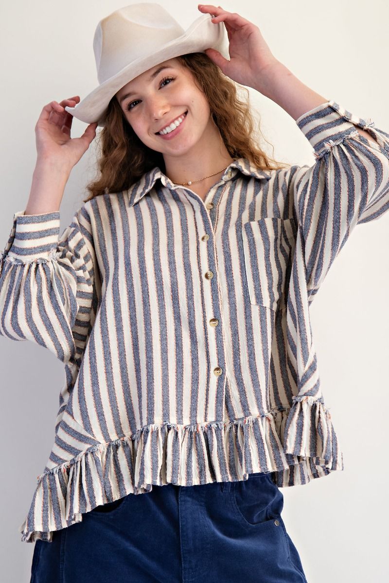 Easel Striped Linen Top in Denim