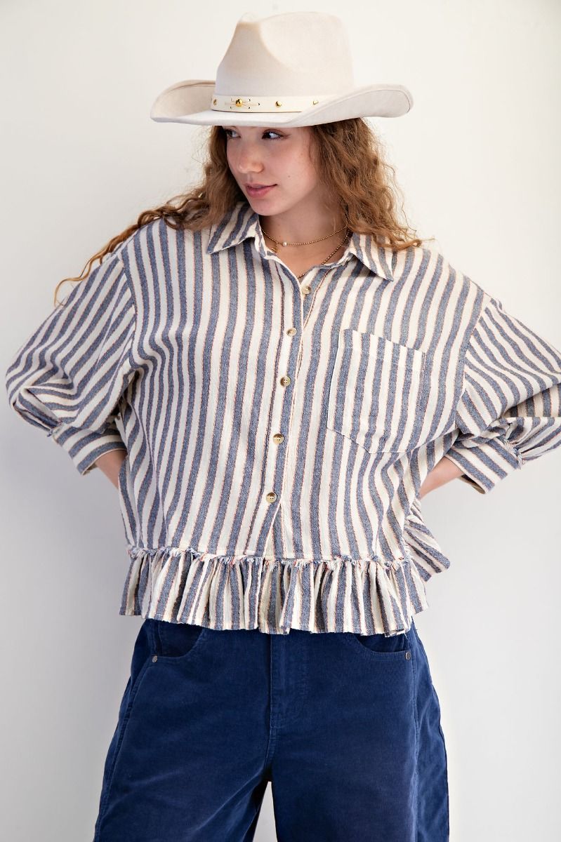 Easel Striped Linen Top in Denim
