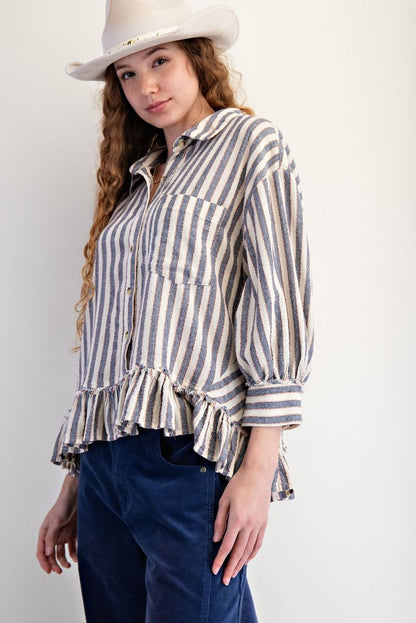 Easel Striped Linen Top in Denim