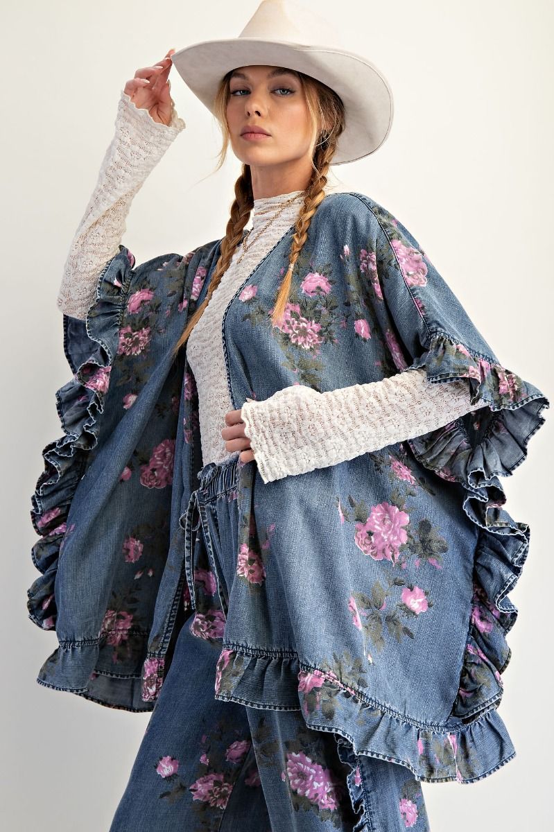 Easel Floral Print Chambray Open Front Cardigan in Washed Denim
