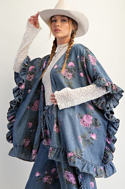 Easel Floral Print Chambray Open Front Cardigan in Washed Denim