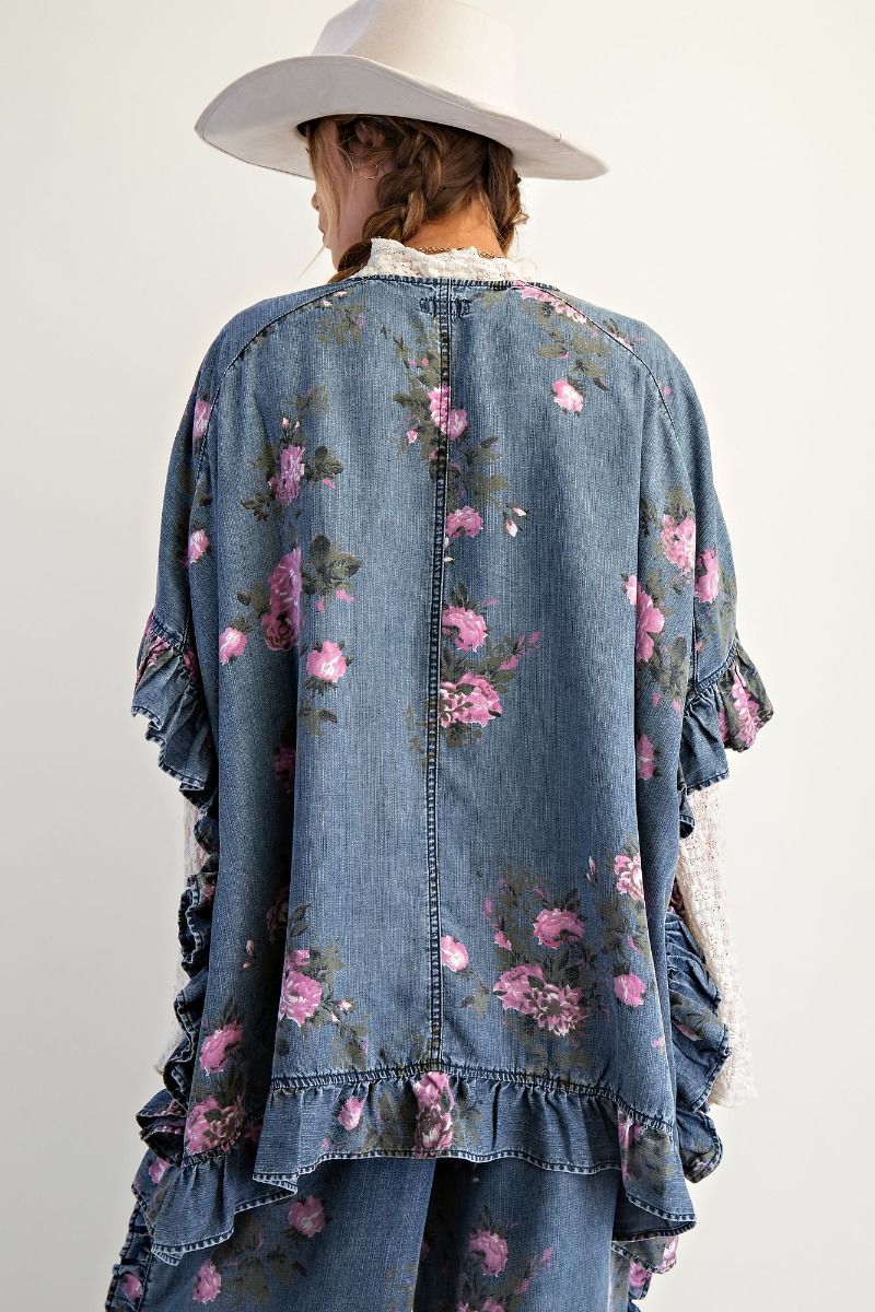 Easel Floral Print Chambray Open Front Cardigan in Washed Denim