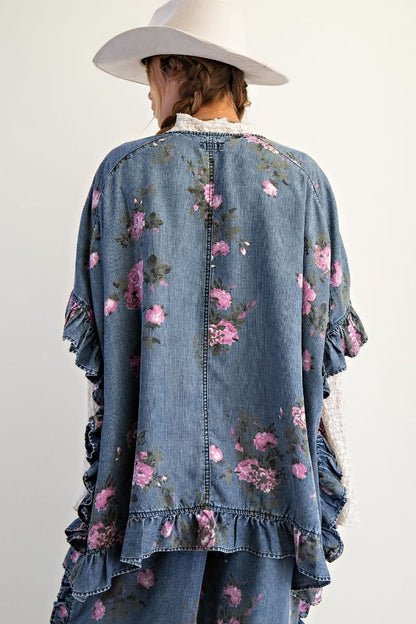 Easel Floral Print Chambray Open Front Cardigan in Washed Denim