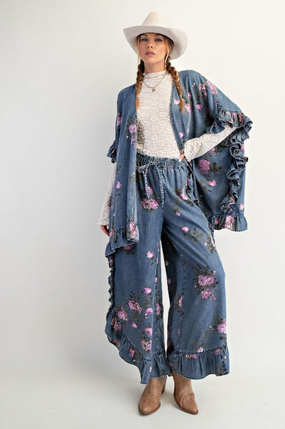 Easel Floral Print Chambray Open Front Cardigan in Washed Denim
