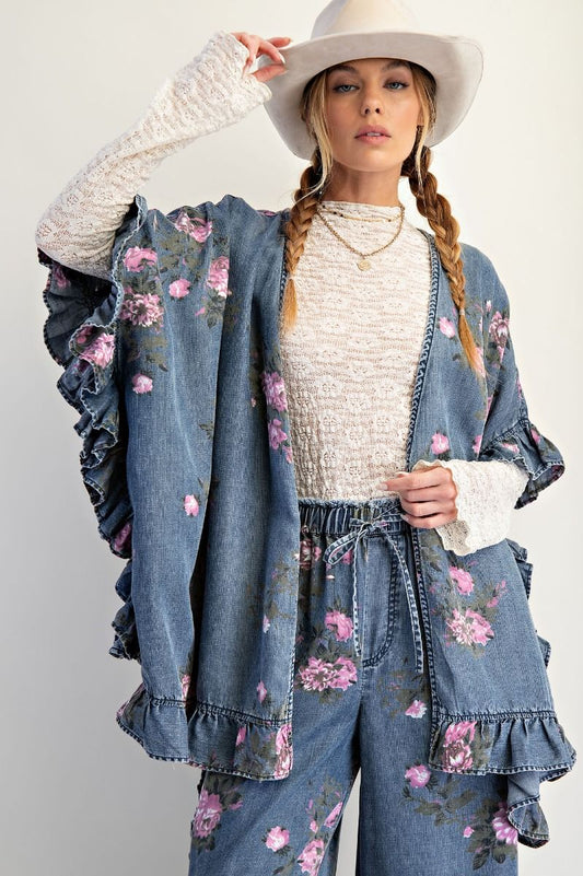 Easel Floral Print Chambray Open Front Cardigan in Washed Denim