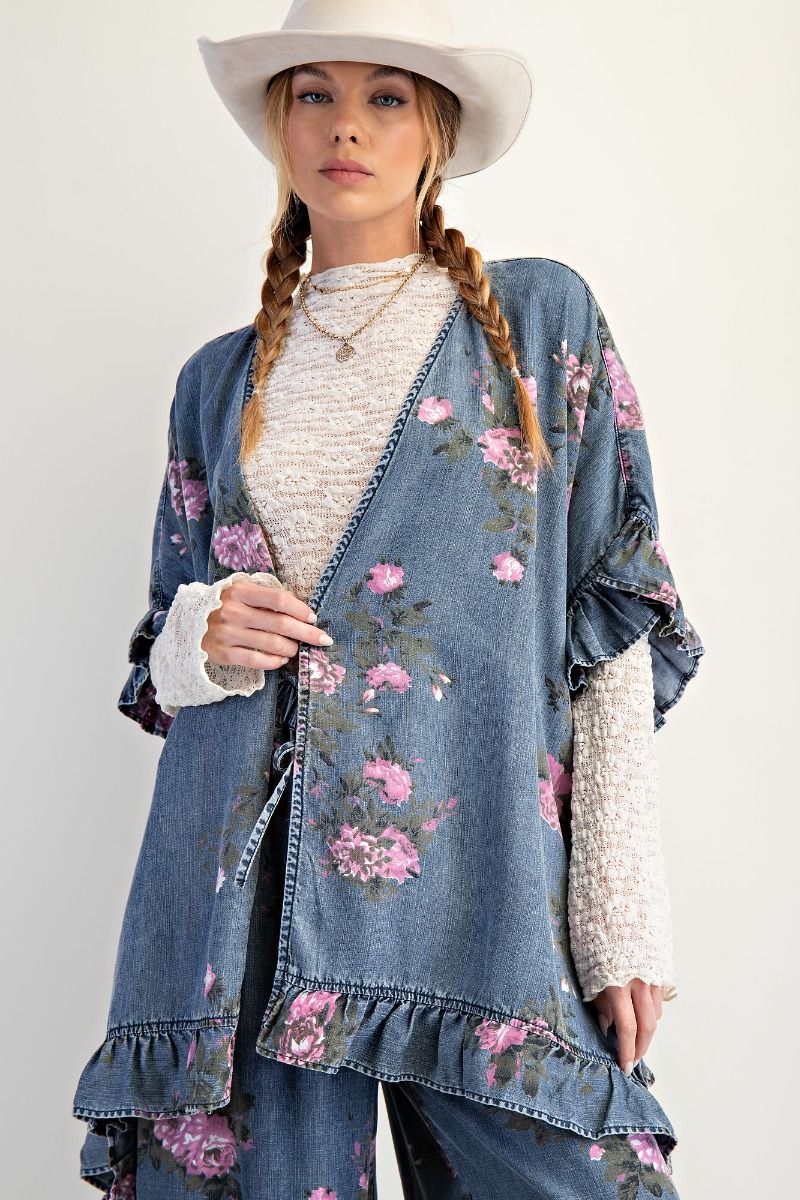 Easel Floral Print Chambray Open Front Cardigan in Washed Denim