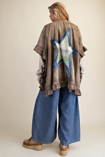Easel Washed Chambray Star Patched Back Open Front Cardigan in Mocha