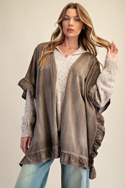 Easel Washed Chambray Star Patched Back Open Front Cardigan in Mocha