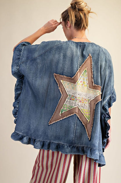 Easel Washed Chambray Star Patched Back Open Front Cardigan in Washed Denim