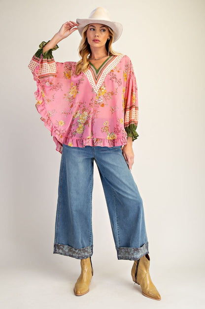 Easel Floral Ruffled Chiffon Top in Coral Pink