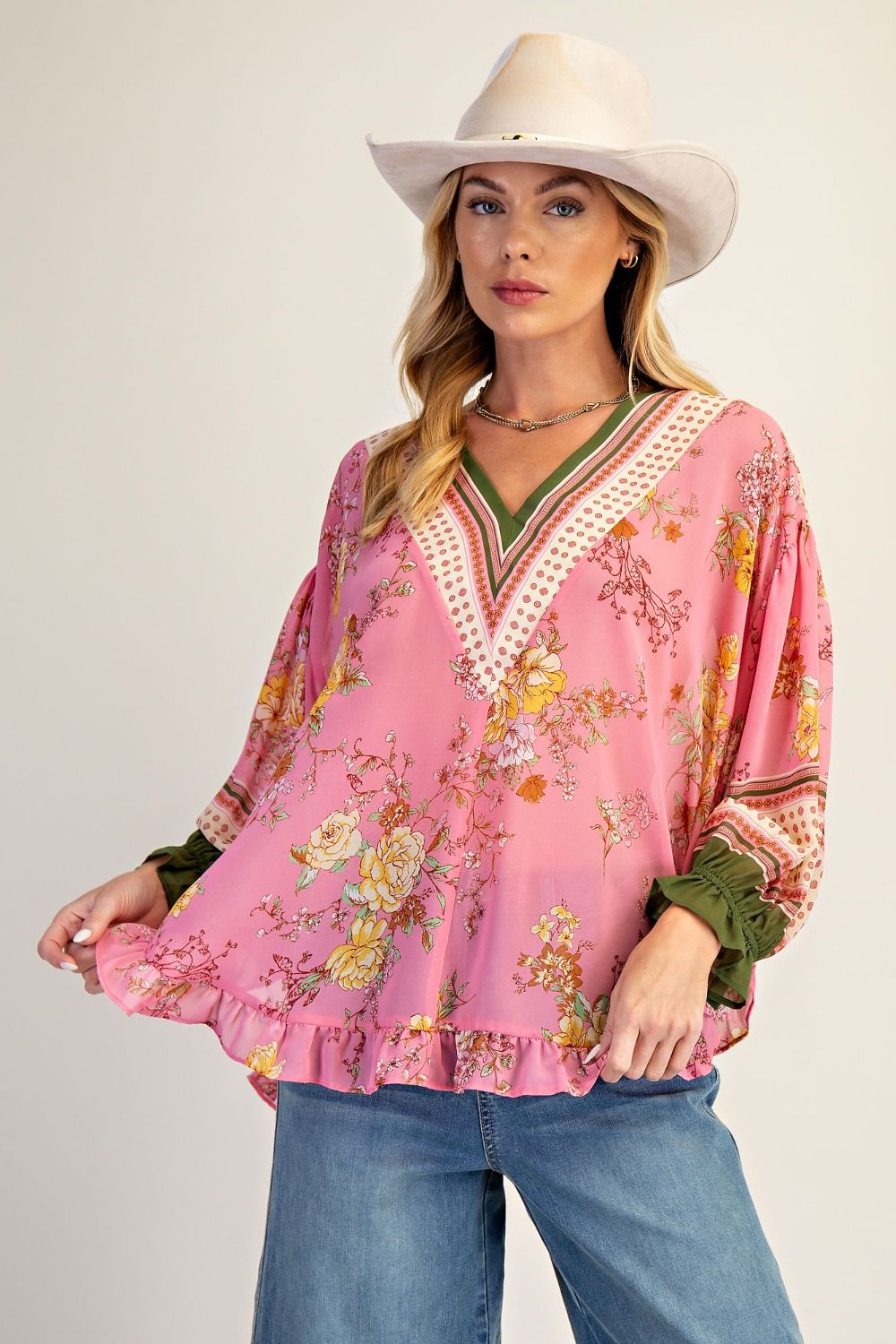Easel Floral Ruffled Chiffon Top in Coral Pink