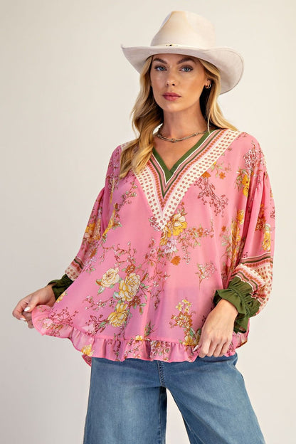Easel Floral Ruffled Chiffon Top in Coral Pink