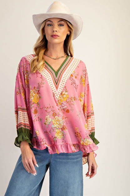 Easel Floral Ruffled Chiffon Top in Coral Pink
