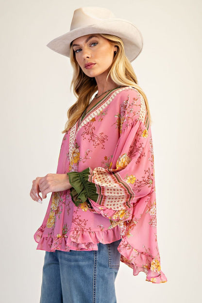Easel Floral Ruffled Chiffon Top in Coral Pink