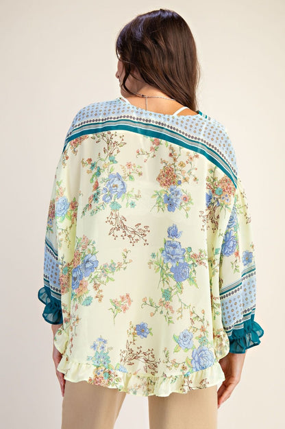 Easel Floral Ruffled Chiffon Top in Lemon
