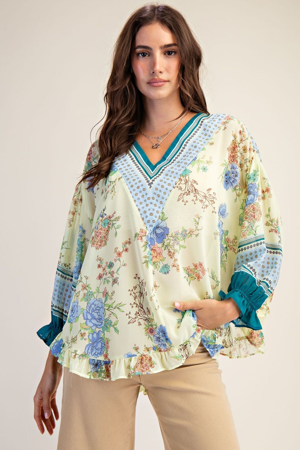 Easel Floral Ruffled Chiffon Top in Lemon