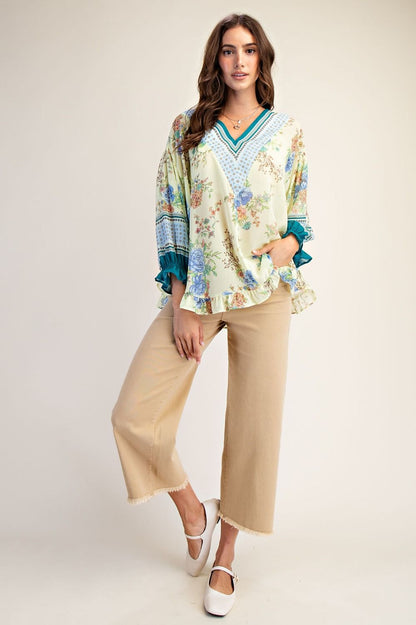 Easel Floral Ruffled Chiffon Top in Lemon