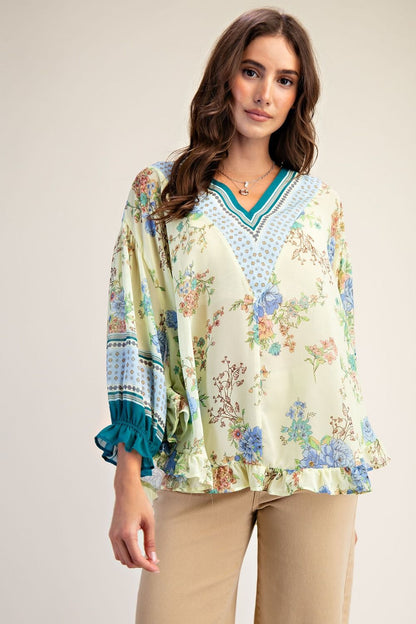 Easel Floral Ruffled Chiffon Top in Lemon