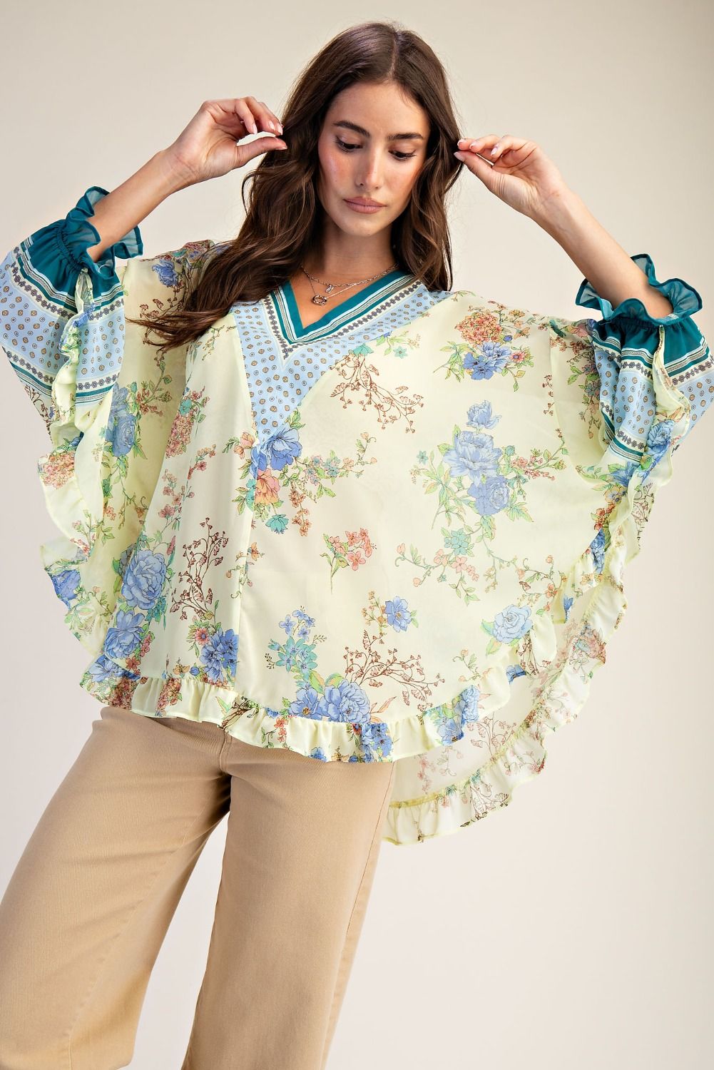 Easel Floral Ruffled Chiffon Top in Lemon