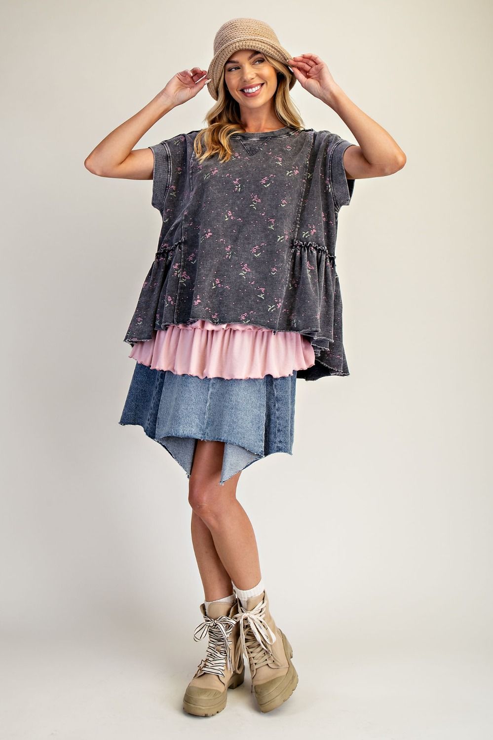 Easel Terry Knit Top with Allover Floral Print in Black