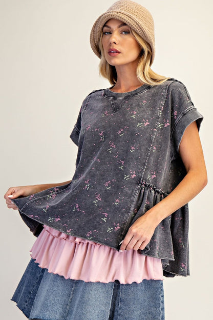 Easel Terry Knit Top with Allover Floral Print in Black