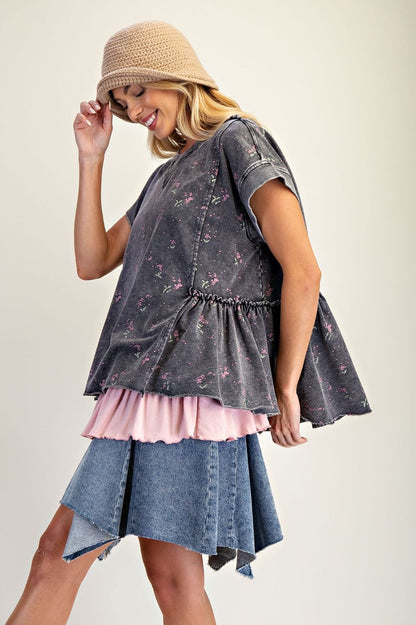 Easel Terry Knit Top with Allover Floral Print in Black