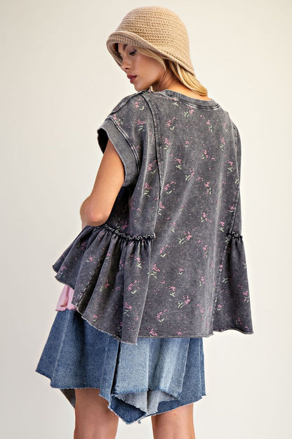 Easel Terry Knit Top with Allover Floral Print in Black