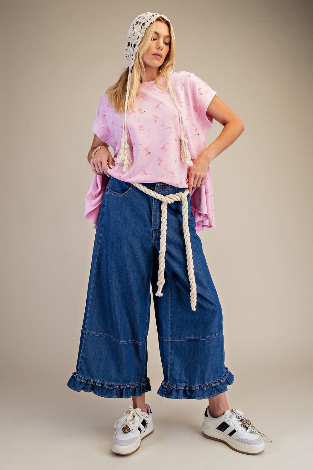 Easel Terry Knit Top with Allover Floral Print in Cotton Candy