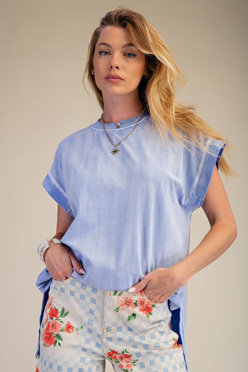 Easel Washed Cotton Jersey Boxy Top in Peri Blue