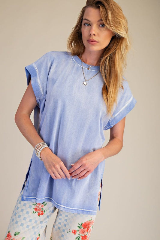 Easel Washed Cotton Jersey Boxy Top in Peri Blue