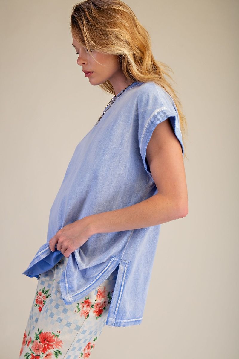 Easel Washed Cotton Jersey Boxy Top in Peri Blue