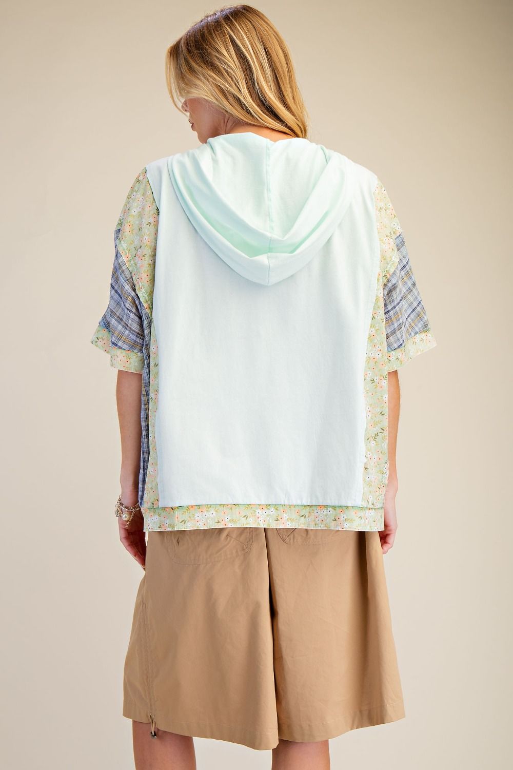 Easel Flower and Plaid Print Hooded Top in Cotton Blue