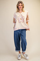 Easel Flower and Plaid Print Hooded Top in Natural