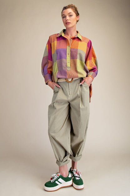 Easel Multi Color Plaid Pattern OVERSIZED Top in Berry Mix