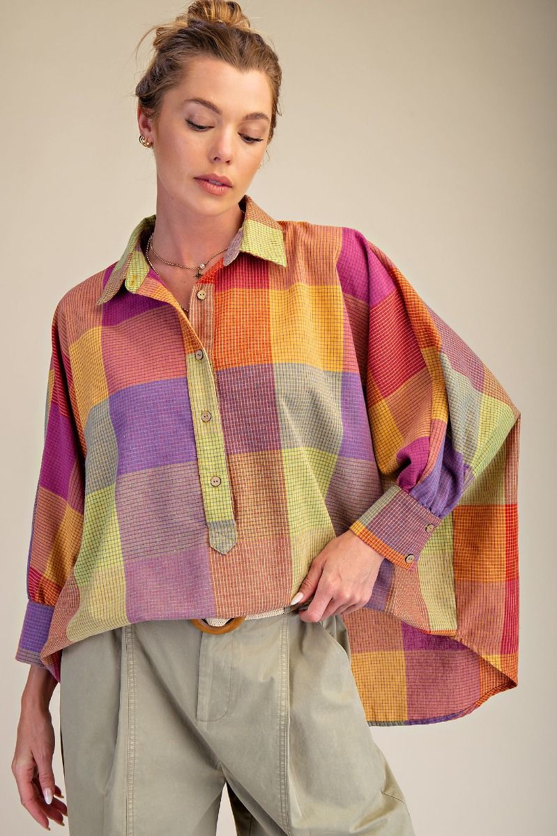 Easel Multi Color Plaid Pattern OVERSIZED Top in Berry Mix