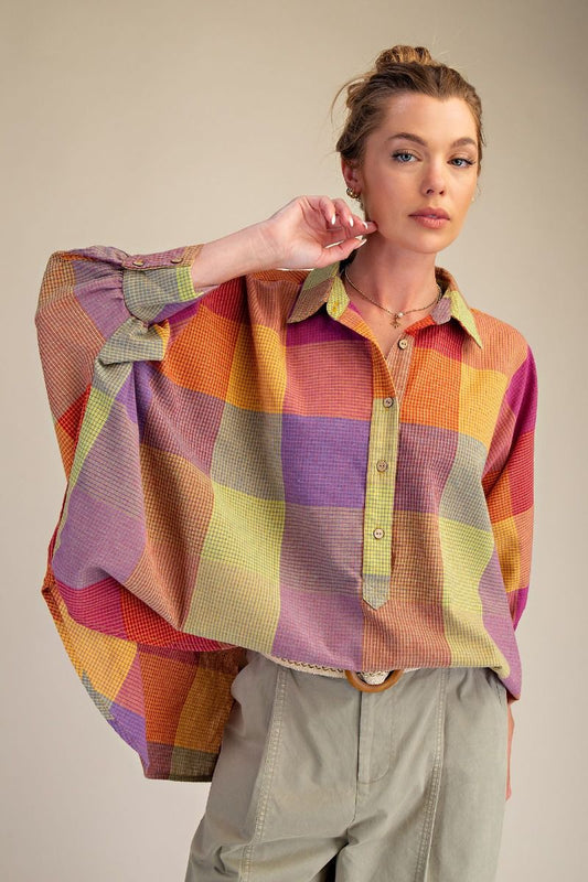 Easel Multi Color Plaid Pattern OVERSIZED Top in Berry Mix