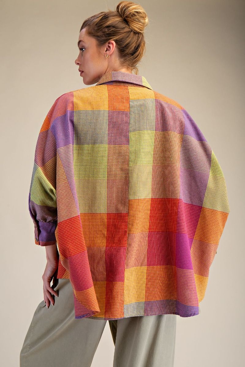 Easel Multi Color Plaid Pattern OVERSIZED Top in Berry Mix