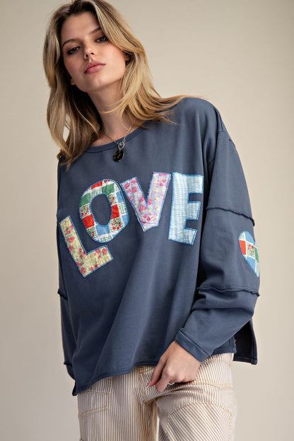 Easel Terry Knit LOVE Patched Top in Blueberry