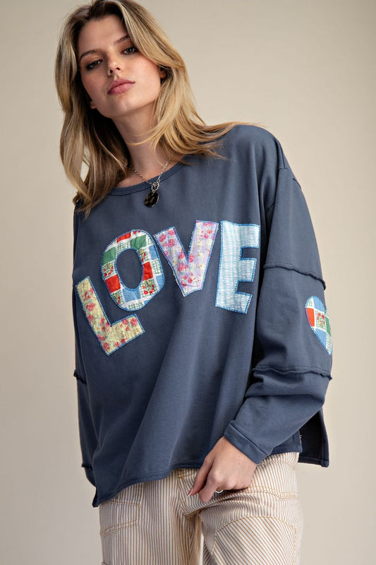 Easel Terry Knit LOVE Patched Top in Blueberry