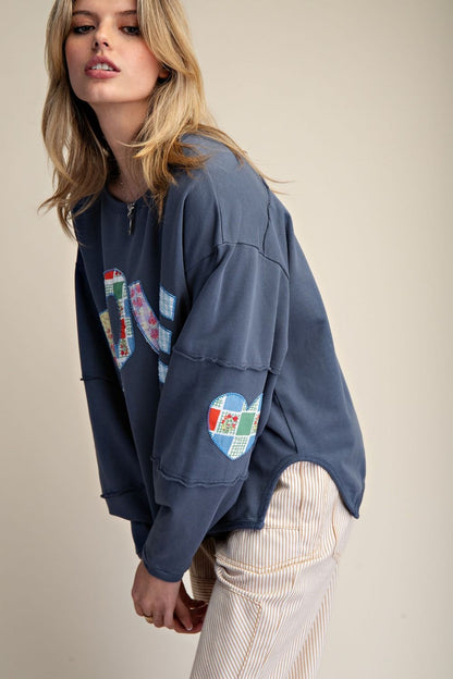 Easel Terry Knit LOVE Patched Top in Blueberry