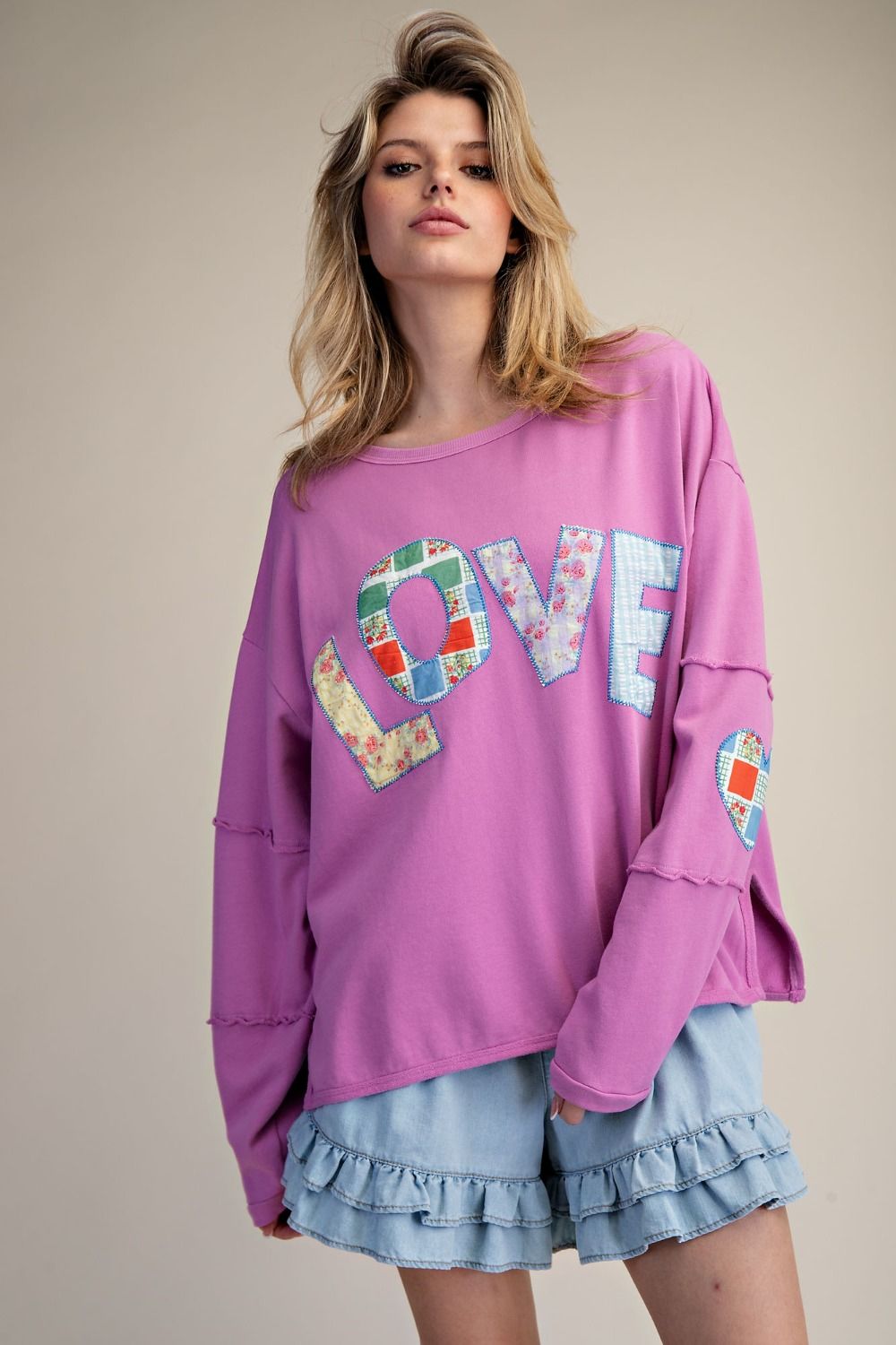 Easel Terry Knit LOVE Patched Top in Orchid Pink